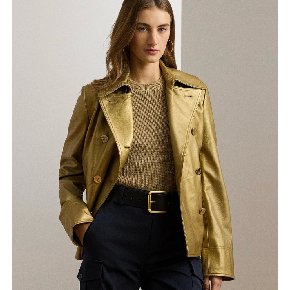 Lauren Ralph Lauren Women's Metallic Lambskin Peacoat/gold:size 10/nwt